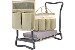Ohuhu Taburete de jardinería plegable 2 en 1 mejorado con almohadilla suave desmontable, banco de jardín resistente con bolsa de herramientas grande y bolsa, regalos para mujeres, hombres, personas