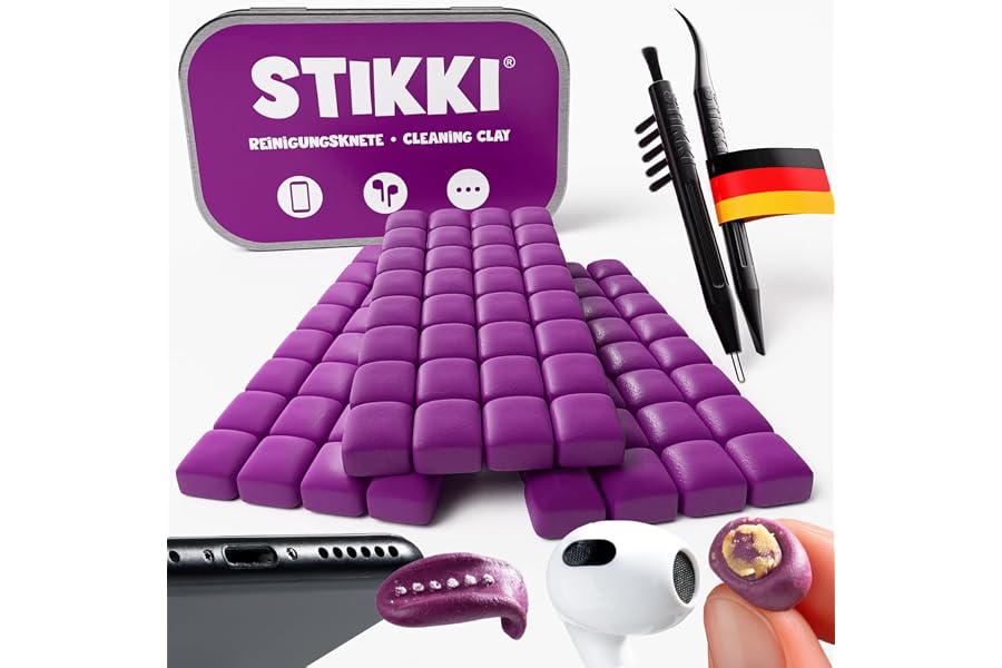 STIKKI Reinigungsset für Handy & Kopfhörer - Reinigungsknete inkl. 2 Tools | Kompatibel mit iPhone & AirPods, USB-C Ladebuchs