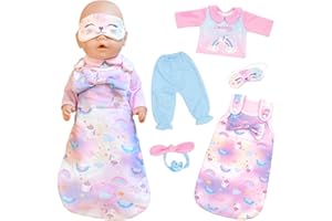 XERTEAM Baby Doll Clothes for 16-18 Inch Baby Dolls, 40-45 cm Cute Doll Clothes Outfits Dress mit Sleeping Bag + Eye Patch + Pajamas + Pants + Headband, Pink Doll Clothing, as a Gift for Girls