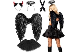 Engelsflügel mit Heiligenschein,Engel und Teufel Flügel Kostüm für Damen und Mädchen Kinder für Halloween Karneval Cosplay Party Fasching Kostümparty Verkleidung-Schwarz