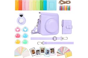 HIYQIN 8 en 1 Housse et Accessoires Compatibles avec Fujifilm Instax Mini 12, Polaroid Instax Mini 12 Album Photo/Cadres/Autocollants/Filtre d'objectif/Miroir Selfie - Lilas Violet