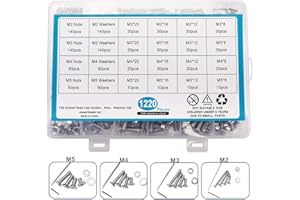 Homtone 1220 PCS M2 M3 M4 M5 Bulloni in acciaio Viti Dadi Rondelle Assortimento Kit con chiavi esagonali (Testa piatta esagonale)