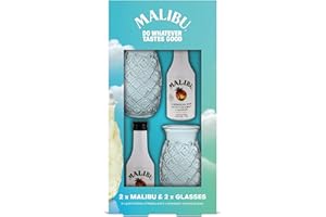 BLUE TREE 2 x 5cl Malibu Original White Rum with Coconut Flavour (18% ABV) with Mini Pineapple Shaped Glasses Gift Set