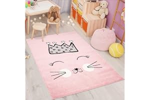 ‎CARPET CITY carpet city Kinderteppich Bubble Kids Flachflor mit Katze und Krone in Rosa für Kinderzimmer; Größe: 160x225 cm