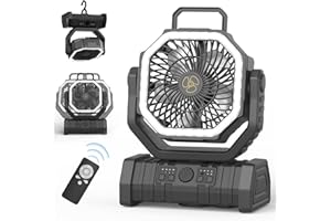 OUWANCH Ventilador de Camping 20000mAh con Luz LED - Ventilador de Escritorio con Cable USB,Portátil,Control Remoto, Gancho y 270° Rotación, para Exterior, Tienda, Hogar, Viaje, Pesca
