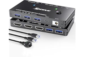 AOOCOO KVM przełącznik HDMI 8K 60 Hz/4K 120 Hz, HDMI 2.1 KVM przełącznik do 2 komputerów, które dzielą 1 monitor i 3 urządzenia USB 3.0, pilot zdalnego sterowania i kabel USB w zestawie