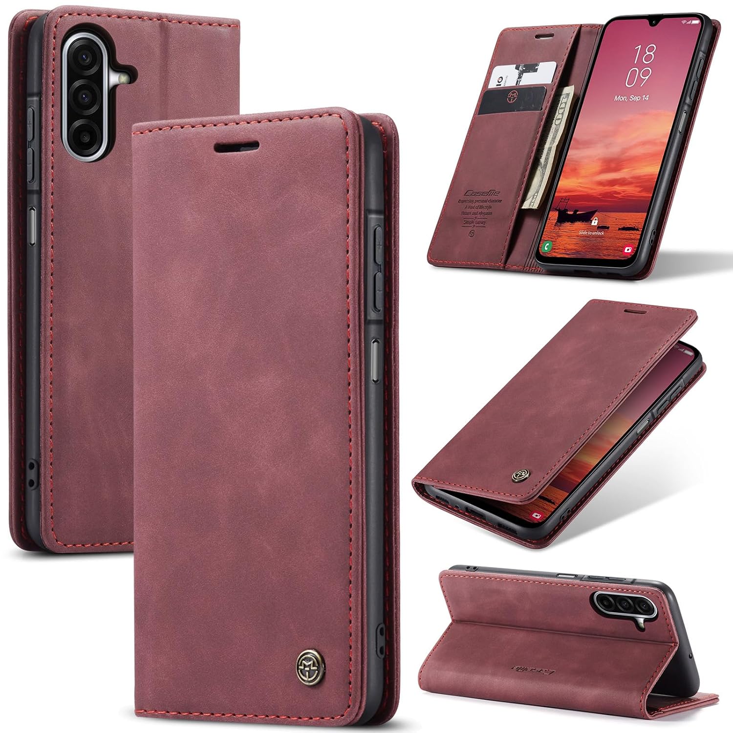 Azororo Beschermhoes voor Samsung Galaxy A17 5G, premium lederen beschermhoes, portefeuille, flip case, magneetsluiting, beschermhoes voor Samsung Galaxy A17, wijnrood