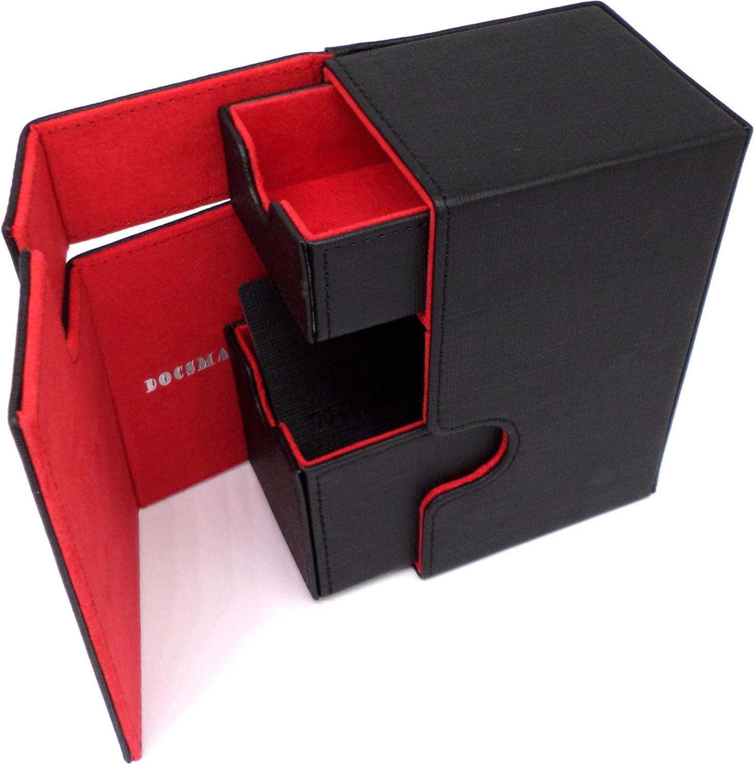 docsmagic.de Premium Magnetic Tray Box (100) Black/Red + Deck Divider - MTG - PKM - YGO - Caja Negra/Roja