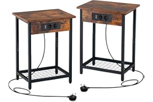 KOMFOTTEU Comodino Camera da Letto con Base di Ricarica, Comodino con 2 Porte USB e 2 Prese, Tavolino Lato con Ripiano Aperto per Soggiorno, 40 x 30 x 54 cm, Stile Industriale