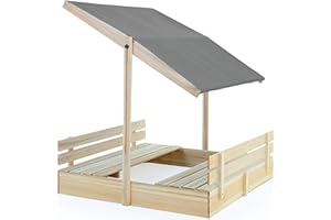 Spielwerk® Bac à Sable en Bois Toni 120x120cm Tapis de Sol Toit réglable Protection UV 50+ Jeu pour Enfants extérieur Jardin