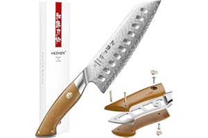HEZHEN Damasco Coltelli da Santoku,Coltelli da Chef Stile Giapponese Coltello da Cucina Gyuto,Full Tang Manico in Micarta di Lino