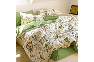 Covebett Bed Linen Cotton 140 x 200 cm Green Flowers Colourful Flowers Small Floral Pattern Duvet Cover Set Aesthetic Botanical Flower Meadow Floral Pattern Duvet Cover Zip and Pillowcase 70 x 90 cm