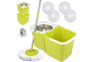 ARSUK Set Mop e Secchio con 4 Testine in Microfibra – 360° Mocio Rotante con Strizzatore – Manico Telescopico Regolabile in Acciaio – Mocio Lavapavimenti Professionale per Tutti i Tipi di Pavimento