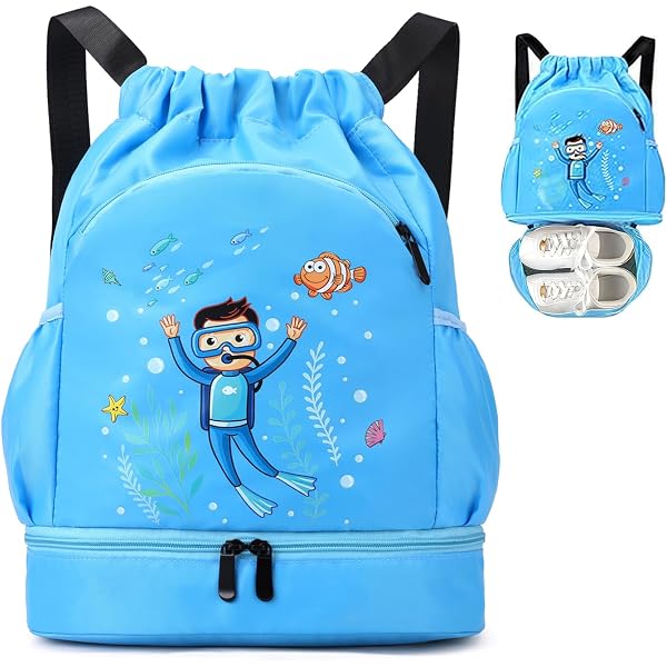 Sac De Natation Enfant - Sac à Dos Imperméable Avec Compartiment Vêtements Mouillés (Dinosaure Bleu) - 8