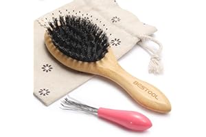 BESTOOL Cepillo de pelo pequeño de viaje para mujeres, hombres o niños, cepillo de cerdas de jabalí para desenredar, desencadenar, distribuir aceite todo el cabello húmedo o seco (redondo)