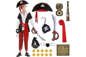TOSZOLY Deguisement Pirate Enfant, Costume Pirate avec Chapeau Accessoires de Pirates, Cadeau pour les Enfants, Déguisement Pirates Garcon pour Carnaval Halloween Cosplay Fête