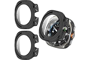 Haofun 2 Piezas Fundas para Samsung Galaxy Watch Ultra 47mm, para Protector Pantalla Cristal Templado HD Protección Completa PC Dura Estuche Case con Diamantes - Negro+ Azul Tinta