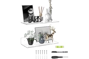 Sezanrpt 15 Inches Clear Acrylic Shelves, Wall Mounted Shelves for Bedroom, Wall Display Shelves for Collectibles, Funko Pop, Speaker, Plants, 2 Pack