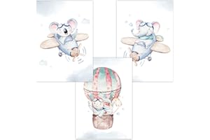 Olgs Kinderzimmer Poster Bilder 3er Set | Deko Wandbilder | Bilder Wandposter DIN A4 | Wanddeko für Babyzimmer | Flugstunde Freunde Junge Heißluftballon, Tiere: Koala, Elefant, Giraffe