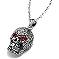Feilok Hollow Skeleton Gothic Skull Pendant Stainless Steel Necklace for Men W. Red Crystal Eyes,Silver Color