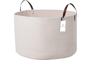 luxury little Panier de rangement extra large pour chambre d'enfant, 55.9x55.9x35.6 cm, panier à linge pour jouets, couvertures et oreillers – Blanc cassé avec poignées en cuir