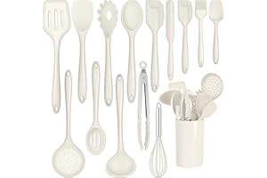 Joyfair Set di utensili da cucina, 15 pezzi, in silicone, resistenti al calore, con porta utensili, antiaderenti, lavabili in lavastoviglie, colore: bianco