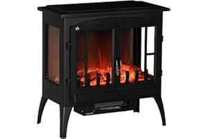 HOMCOM Chimenea Eléctrica 1000 W/2000 W Chimenea Decorativa de Pie con Ventanas LED Llamas Brillo Ajustable y Protección Sobrecalentamiento para 15-20 ㎡ 60x37x60,5 cm Negro