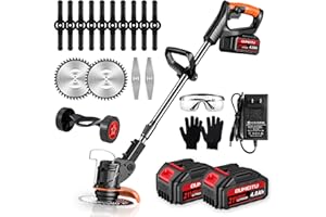 OUMEITU Cordless Strimmer, Electric 21V Grass Trimmers 90° Head Rotation & 6in Cutting Diameter, Garden Strimmers with 2 x 4.0Ah Battery, Charger & Metal Blades, Brush Cutter for Clearing Weeds Flower Trees6