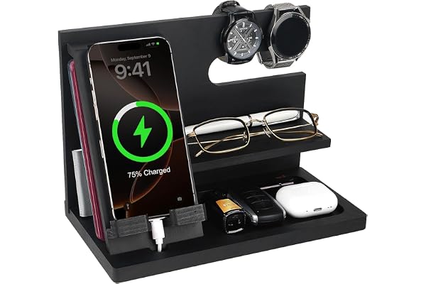 ELEVAT Cadeaux pour hommes Noël en bois pour téléphone portable - Organiseur de bureau - Cadeau d'anniversaire - Cadeau d'anniversaire - Pour homme - Table de chevet