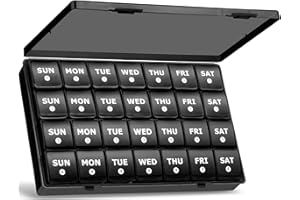 Yaklim Monthly Pill Box Organiser: Large Monthly Pill Organiser 4 Week Daily Pill Container with Dust-Proof Tablet Case - 28 Day Travel Medicine Dosette Box XL Copartments Vitamin Holder (Black)