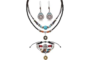 MILACOLATO Joyería Bohemia Multicapa Turquesa Larga Gargantilla Collar Pendientes Colgantes Cuerdas de Cáñamo Cuentas Cuero Gargantilla Wrap Pulsera Western Native American Jewelry Set para Mujer