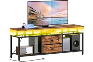 YATINEY Mueble de TV, para Televisión hasta 45’’, Consola Multimedia con Regleta y Tira de Luz LED, Soporte para TV con Cajones y Estantes, para Salón, Dormitorio, Marrón Rústico XDS03CDBR