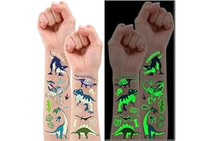 Leesgel Tatuaggi Dinosauri Bambini, 20 Fogli Luminosi Tatuaggi per Bambini Stickers Bambini, Dinosauri per Bambini Gadget Festa Compleanno Giochi Bambini