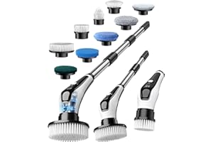 FOFILE Cepillo electrico Limpieza hogar con Mango Ajustable, 2 velocidades, Pantalla de batería e impermeabilidad IPX8 Cuerpo Completo 9 Cabezales de Repuesto para baño, Cocina, Ventanas y Suelos
