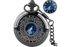 Tiong Montre de poche à quartz creuse bleue avec chiffres romains et chaîne - Cadeau de Noël ou d'anniversaire pour homme et femme