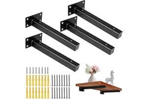 RZMZBY 4 Pcs Equerre Etagere Industrielle Support d'étagère Murale Fixation Rétro,Supports Equerre Etagere，Supports Plateaux en Métal avec Vis Tablette Mural Bride,Noir en Acier Inoxydable (8in Noir)
