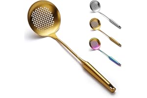 Evanda Abschäumer, 38 cm Edelstahl-Küchensieb mit Gold-Titan-Beschichtung, Schlitzlöffel, mit Komfortgriff und Aufhängelöchern, Siebe für die Küche