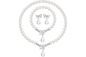 JeweBella Set di Gioielli di Perle, Set di Braccialetto di Orecchini di Collana di Perle Pendenti 8mm, Perle Parure Gioielli per Donna, Gioielli Sposa Set