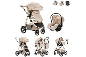 Kakbgee 3 in 1 Pushchair Travel System, Pram Travel System with ECE R129 Car Seat, Height Adjustable Handle Pram with Mosquito Net, High View Aluminum Frame Baby Stroller for Newborn, Beige, 22KG