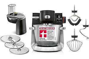 ‎BOSCH Bosch Küchenmaschine Serie 6, 7 Automatikprogramme, integr. Waage, 5,5l Schüssel, Durchlaufschnitzler, Scheiben, Knethaken/Rührbesen/Silikonbesen, spülmaschinenfest, 1600 W, silber/schwarz, MUMS6ZS13D