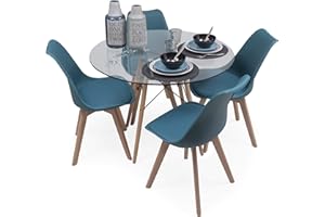 SENSACION DE HOGAR HOMELY MUEBLES DECORACION DESCANSO Homely - Conjunto de Comedor Tower 100 Day Cristal Mesa de Cristal Redonda de 100 cm y 4 sillas Day (Turquesa)