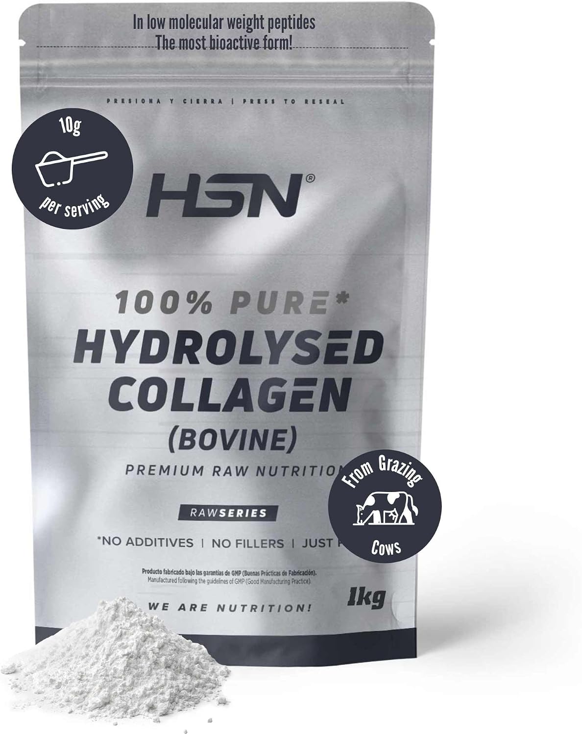 HSN Colágeno Hidrolizado Bovino en Polvo | Sin Sabor 1Kg | 10g Péptidos de Colágeno de Bajo Peso Molecular | Sin Añadidos ni Aditivos | No Incluye Dosificador | No-GMO, Sin Gluten