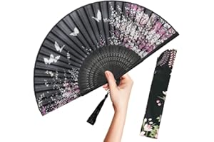 OMyTea Folding Hand Fan for Women - Foldable Chinese Japanese Vintage Bamboo Silk Fan - for Hot Flash, Church, EDM, Music Festival, Party, Dance, Performance, Decoration, Gift (Black Sakura)