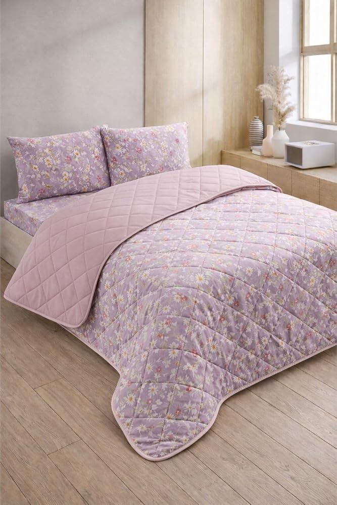 Formeya Kapitoneli Tek Kişilik Desenli Pike - Yatak Örtüsü Takımı 160x230 cm - 1 Adet Yastık Kılıflı (Lila Mor)