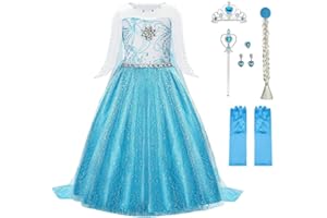 URAQT Sukienka Elsa, Kostium księżniczki Elsy z koroną księżniczki Akcesoria do magicznej różdżki, Przebranie księżniczki dla dziewczynek, Błyszcząca luksusowa sukienka na imprezę/Cosplay