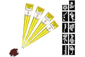 4x FADEDA Henna Kegel | 4x 25g natürliche Paste | Natur-Braun | 10 verschiedene Sticker-Schablonen | 100 % pflanzlich | gebrauchsfertig & ohne PPD