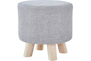 Mxfurhawa Upholstered Stool Round Ottoman Pouffe Footstool with 4 Wooden Legs, Breathable Linen Small Change Shoes Stool Footrest for Living Room and Bedroom (Grey)