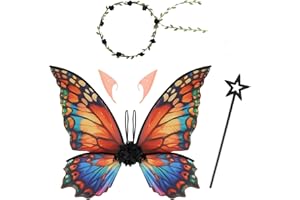 YELKOEYN Fairy Wings and Wand Kit- Enchanting Butterfly Costume with Fairy Wings, Flower Garlands, Elf Ears and Magic Wands for Kids Adults Role Playing Holiday Gatherings (Color)