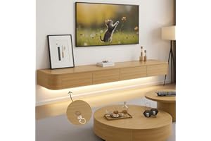 RIBANEDY Mueble TV Suspendido Moderna con luz LED | Consola de Medios de Entretenimiento Montada en la Pared | Banco de TV con Gran Capacidad de Almacenamiento para Sala de Estar y Oficina (Madera, 10cm)