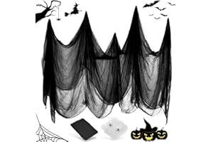 BLUELVES Tela Espeluznante de Negro 215 x 500 cm+Halloween Tela Araña,Gasa Negra de Halloween,60g Telarañas Blanca Decor con 30 Arañas Falsas,Tela Espeluznante para Halloween Party Terror Decoracion Casa